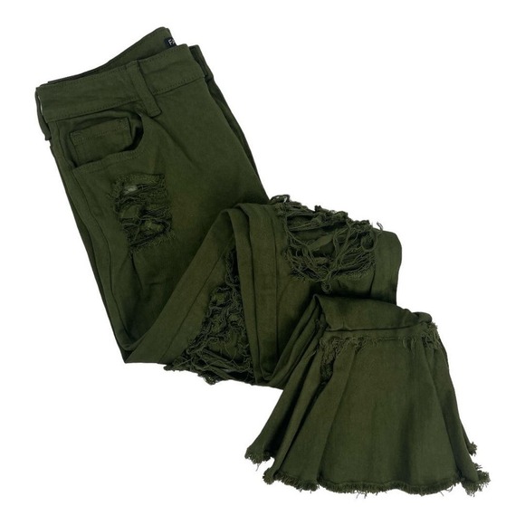 Fashion Nova Women’s Green Fray What You Mean Distressed  Flare Leg Jeans Size 9 - Picture 9 of 9